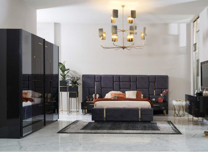 Luxury Double Bed Bed Frame Bedroom Wood Set 6pcs Black Design
